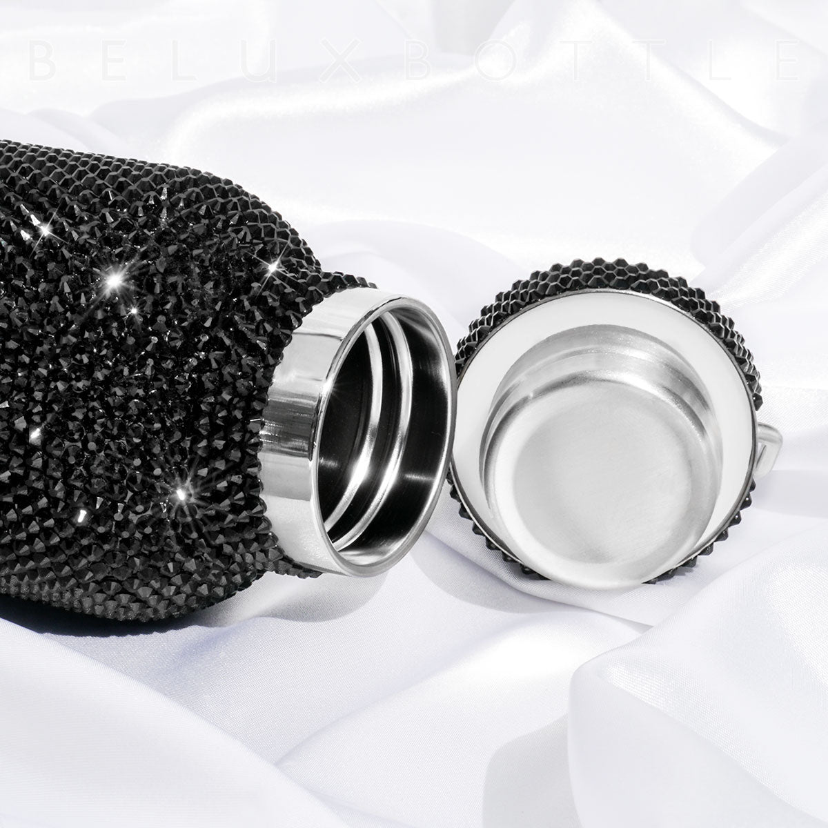 Close-up of Black Diamond Drink Bottle Neck with Stainless Steel Blinged-Out Bottle Cap