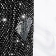 Close-up of Black Bling Rhinestone Water Bottle with Hundreds of Sparkling Rhinestones, Featuring Belux Bottle's Diamond-shaped Logo