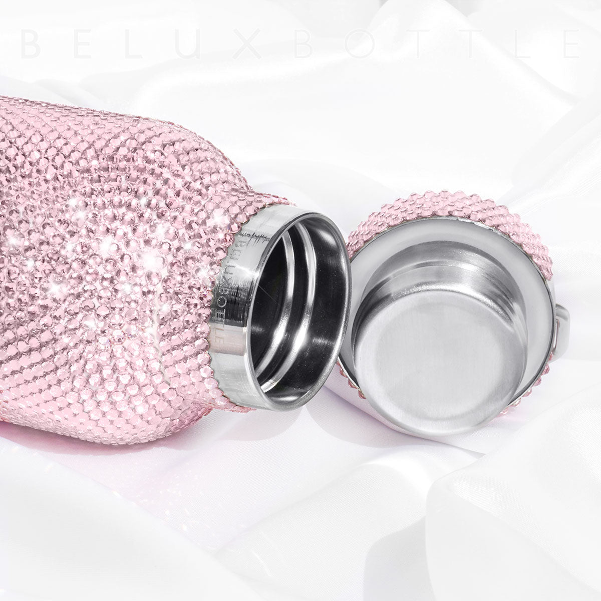 Close-up of Pink Bling Rhinestone Water Bottle Neck with Stainless Steel Blinged-Out Bottle Cap