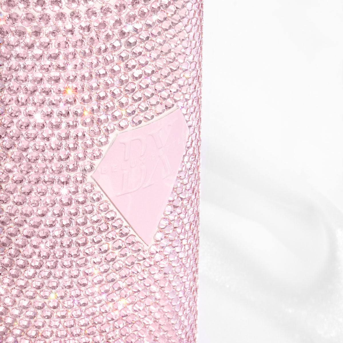 Close-up of Pink Bling Rhinestone Water Bottle with Hundreds of Sparkling Rhinestones, Featuring Belux Bottle's Diamond-shaped Logo