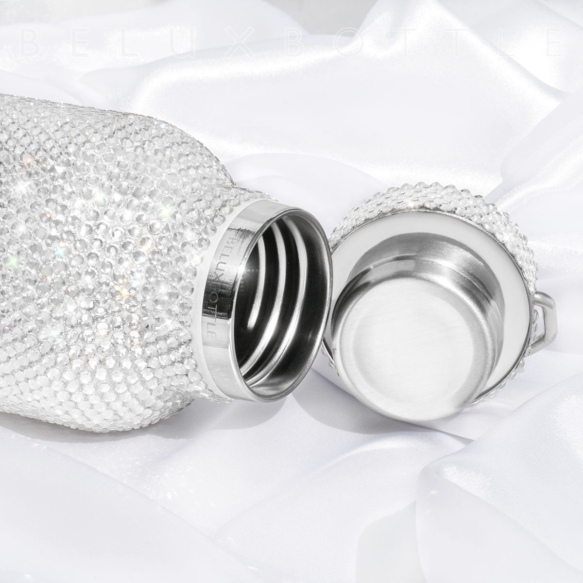 Close-up of Silver Diamond Drink Bottle Neck with Stainless Steel Blinged-Out Bottle Cap