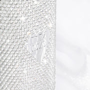 Close-up of White Silver Bling Rhinestone Water Bottle with Hundreds of Sparkling Rhinestones, Featuring Belux Bottle's Diamond-shaped Logo